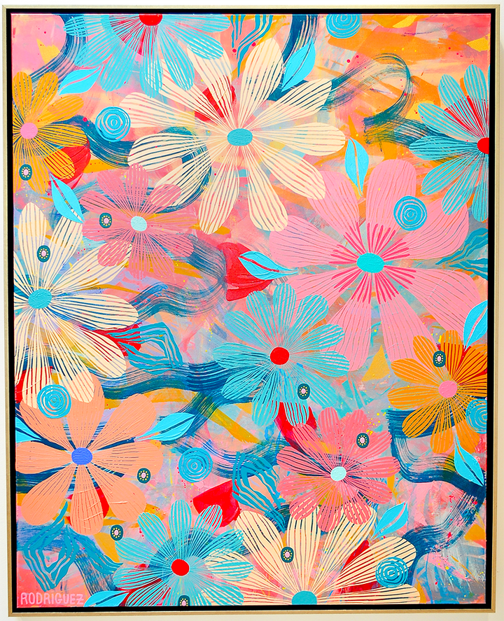 Cosmos Floating Floral - Framed 50x62x2.5 on Canvas