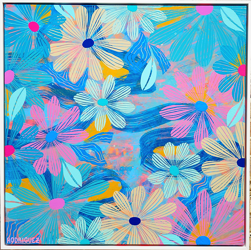 Blue Floating Floral - Framed 37.5x37.5 on Canvas *NEW*