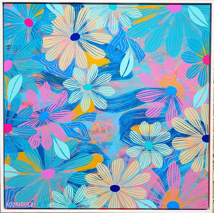 Blue Floating Floral - Framed 37.5x37.5 on Canvas *NEW*