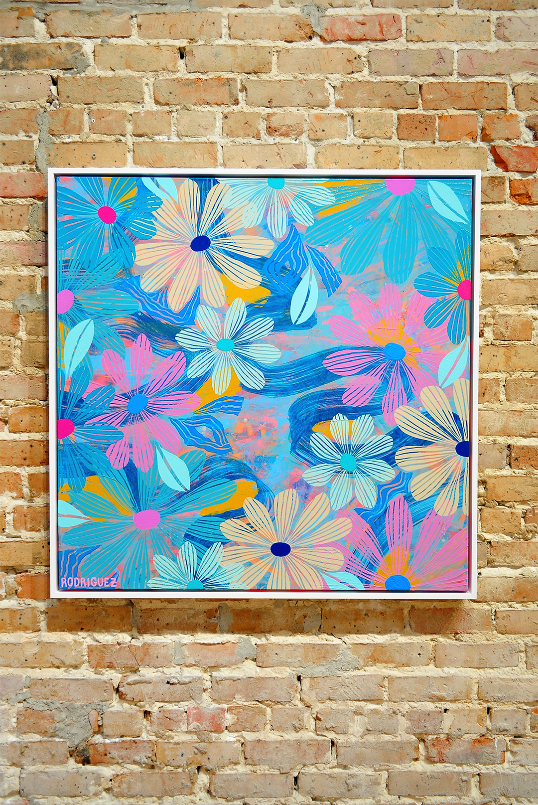 Blue Floating Floral - Framed 37.5x37.5 on Canvas *NEW*