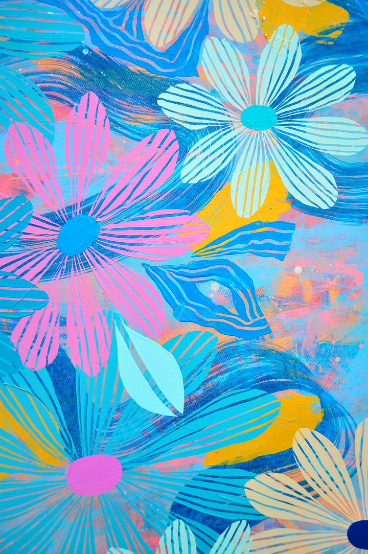 Blue Floating Floral - Framed 37.5x37.5 on Canvas *NEW*