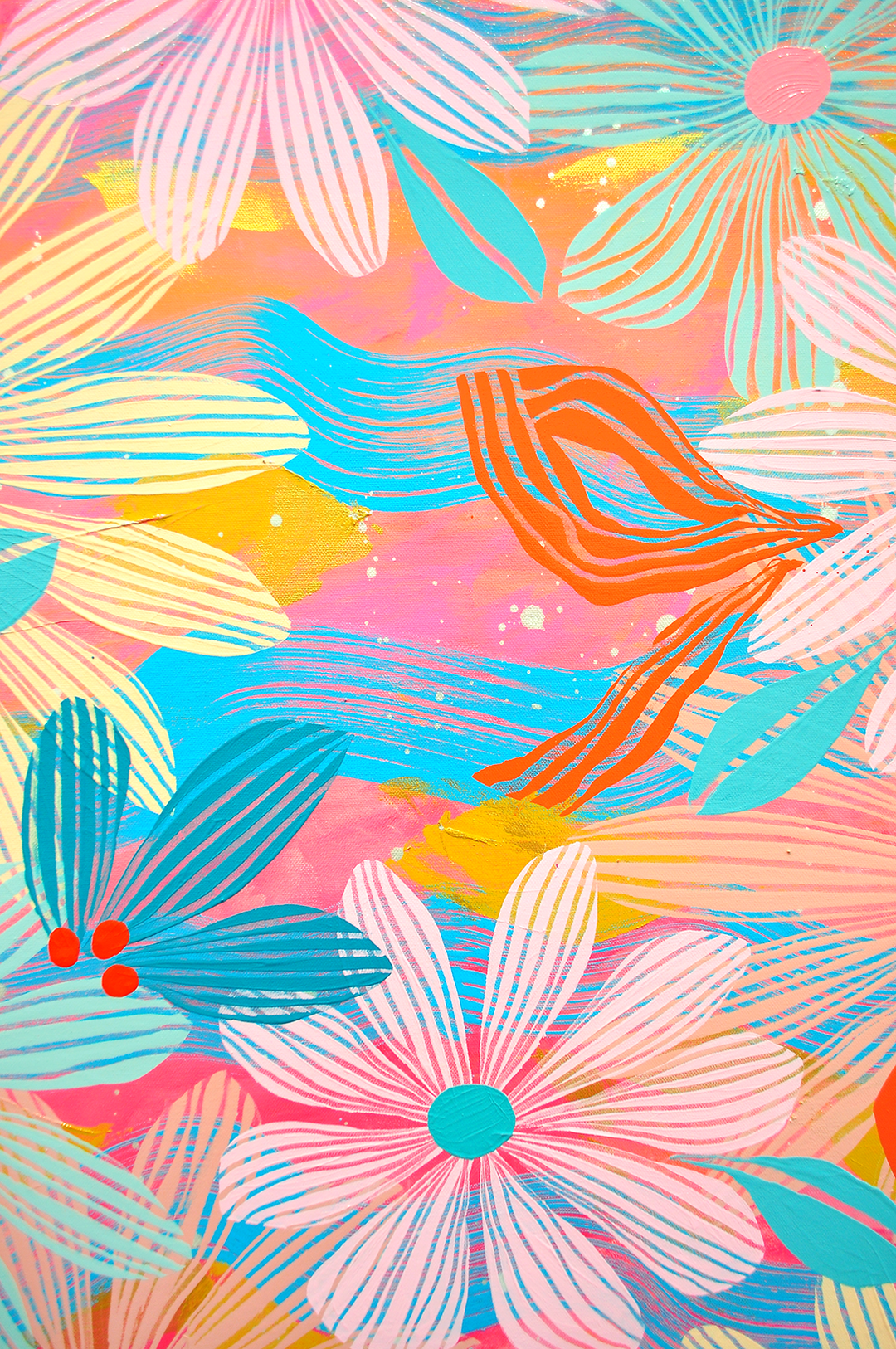 Pale Pink Floating Floral - Framed 25.5x49.5 on Canvas *NEW*
