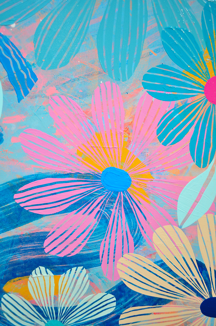 Blue Floating Floral - Framed 37.5x37.5 on Canvas *NEW*
