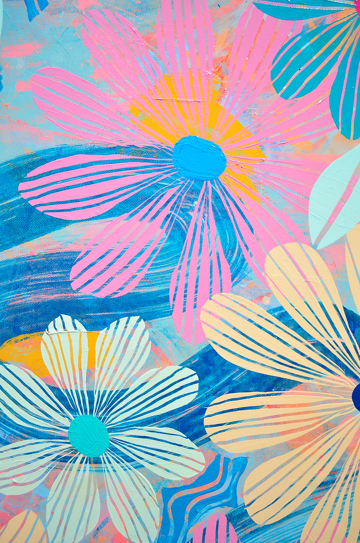 Blue Floating Floral - Framed 37.5x37.5 on Canvas *NEW*