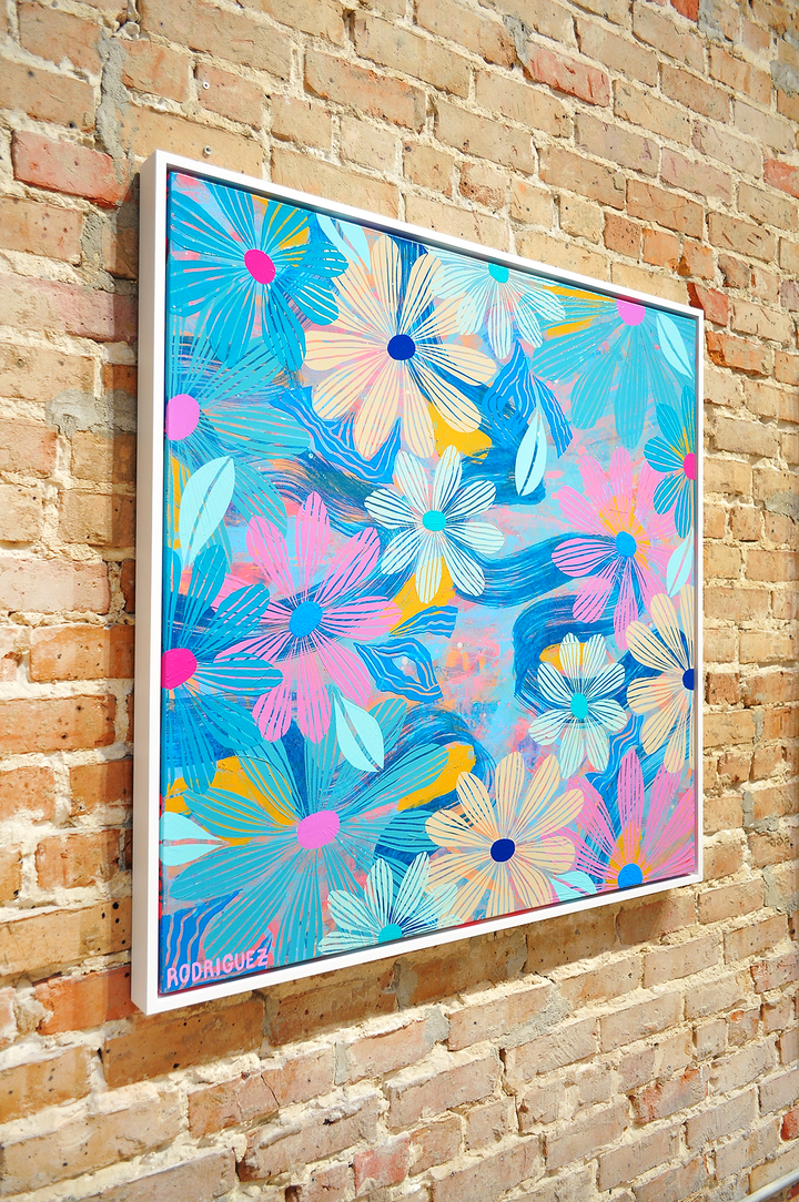 Blue Floating Floral - Framed 37.5x37.5 on Canvas *NEW*