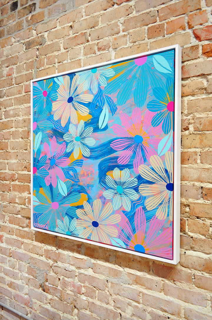 Blue Floating Floral - Framed 37.5x37.5 on Canvas *NEW*